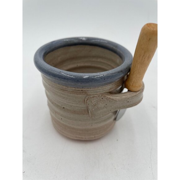 Handcrafted Clay Butter Cheese Crock With Wooden Knife Holder & Blue Rim - Picture 1 of 5